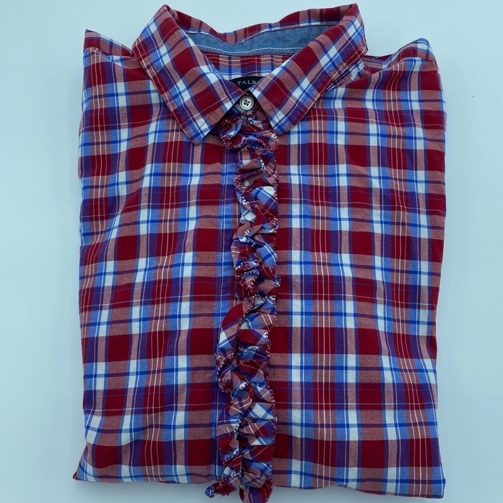 Talbots Top Women's 16 Plaid Blue & Red Roll Tab Sleeve‎ NormCore Rufflel